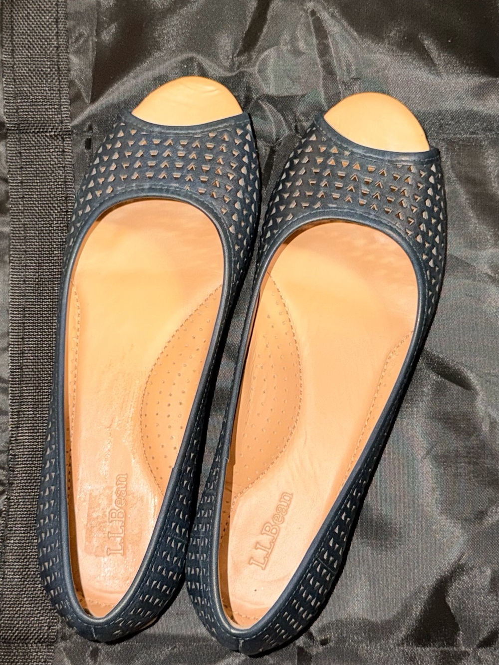 L.L. Bean Navy Perforated Peep-Toe Flats